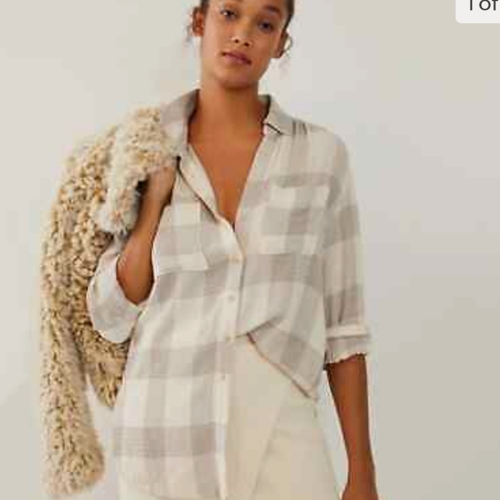 Anthropologie Pilcro Plaid Seam Tunic Button Down Top Grey Cream